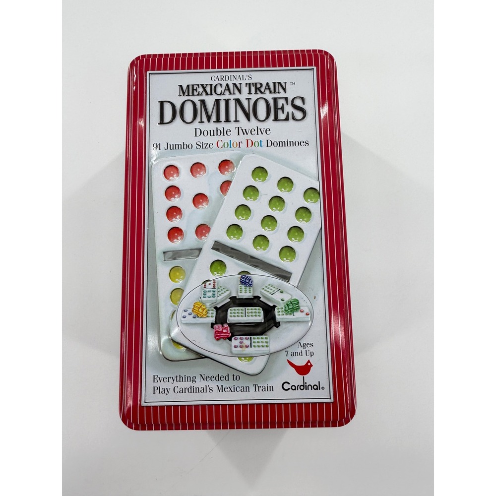Cardinal Mexican Train Dominoes Double Twelve 91 Jumbo Color Dot Tiles Red Tin